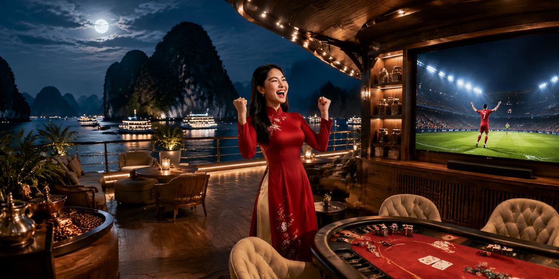 Người phụ nữ mặc áo dài chơi bài tại vịnh Hạ Long trong không gian lãng mạn
